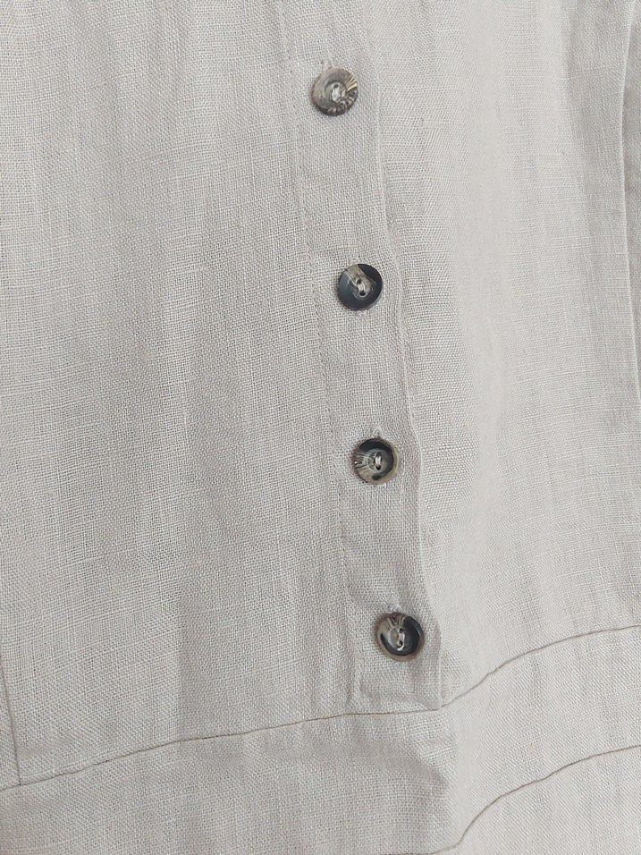 Bej Kolsuz Düğmeli Midi Keten Elbise - Görsel 3