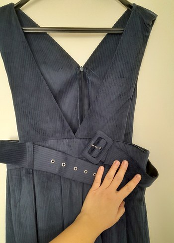 Kadın Lacivert Süet Kemerli Uzun Elbise - Görsel 3