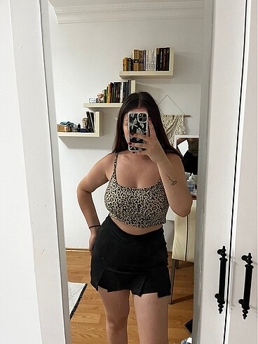Crop Leopar Ve Yırtmaçlı Mini Etek