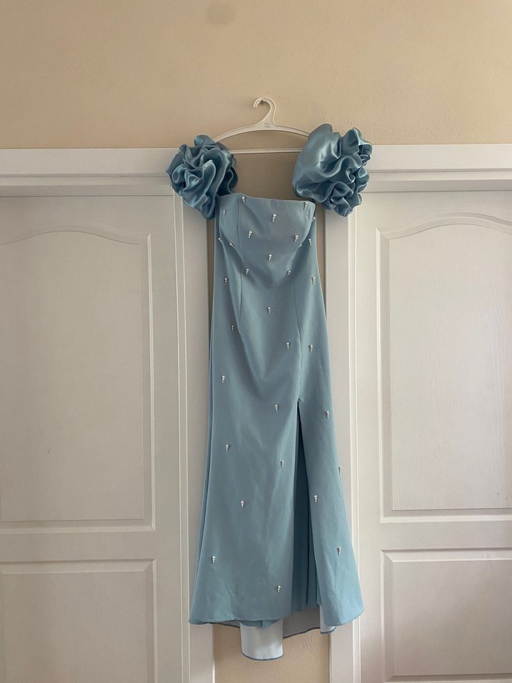 Mavi Straplez Uzun Drapeli Kadın Abiye - Görsel 2