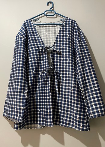 Mavi Kareli Uzun Kollu kimono