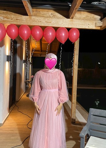Pembe Uzun Drapeli Kadın Abiye Elbise abiye