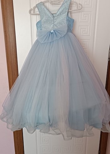 Kız Çocuk Mavi İşlemeli V Yaka Elbise - Görsel 2