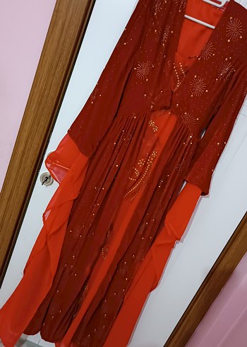 Bordo Nakışlı Uzun V Yaka Elbise - Görsel 5