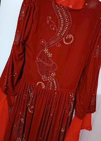 Bordo Nakışlı Uzun V Yaka Elbise - Görsel 2