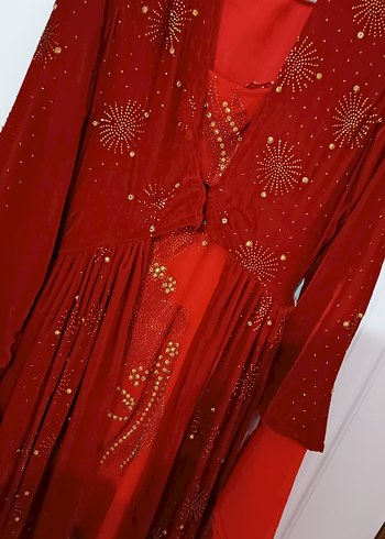 Bordo Nakışlı Uzun V Yaka Elbise - Görsel 4