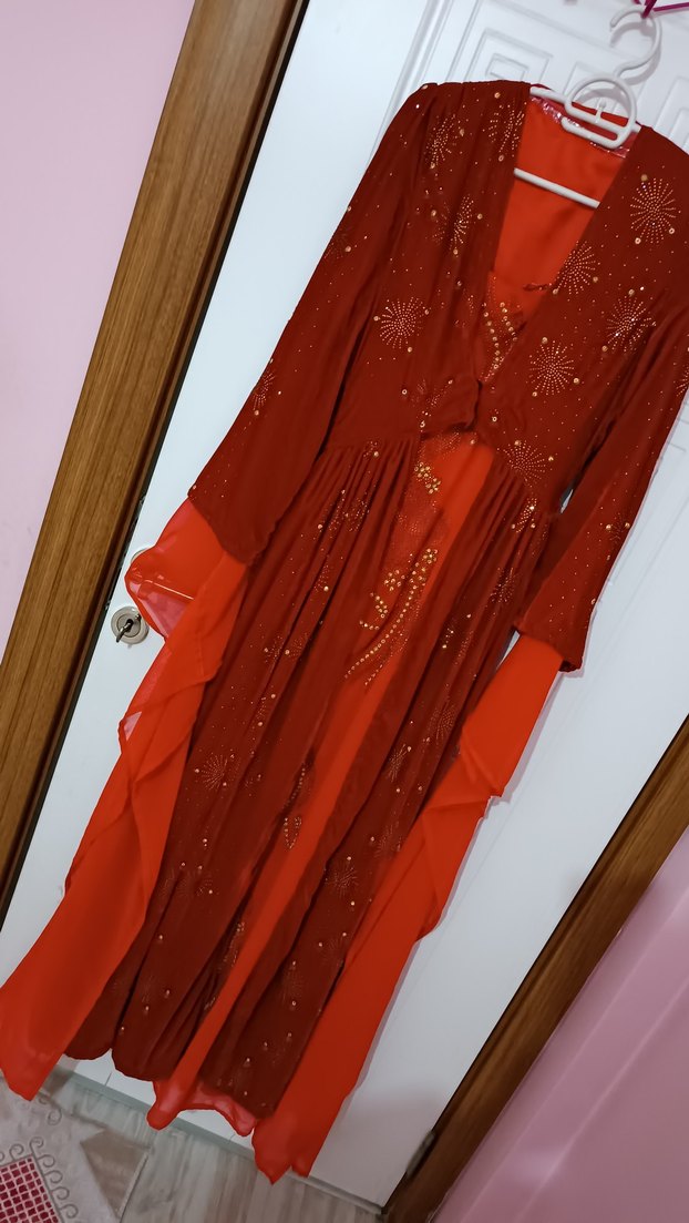 Bordo Nakışlı Uzun V Yaka Elbise - Görsel 5