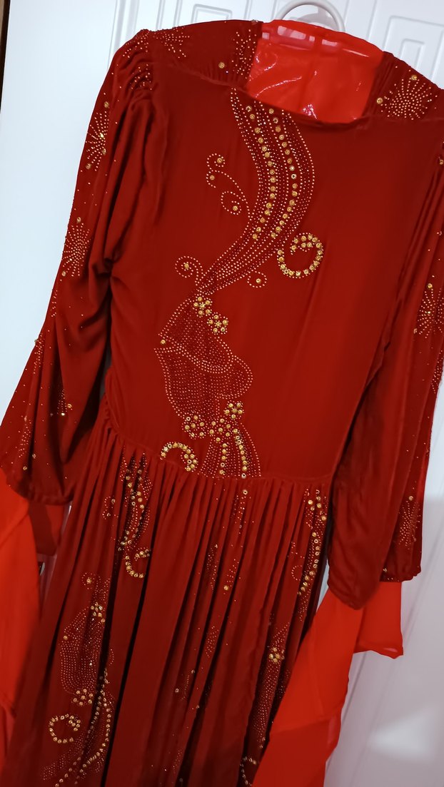 Bordo Nakışlı Uzun V Yaka Elbise - Görsel 2