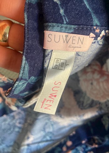 Suwen Kadın Mavi Çiçekli Bohem Pijama Takımı