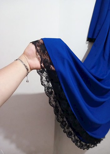 40 Beden Mavi Uzun Kollu Salaş Keten Elbise
