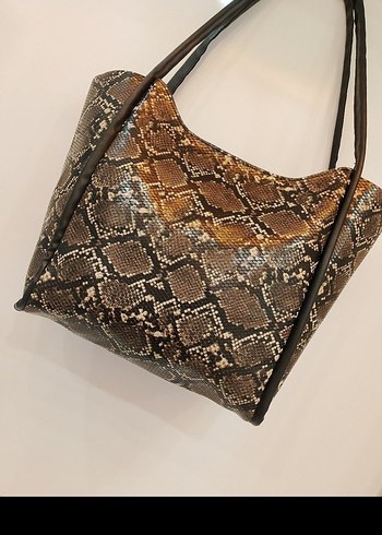 Kahverengi Deri Yılan Desenli Kadın Çanta - Görsel 3