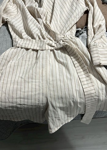 Bohem Stil Bej Çizgili Beyaz Tulum - Görsel 2