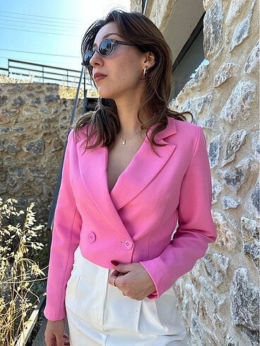 Pembe Keten Crop Ceket