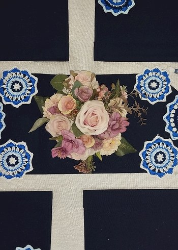 Vintage Amerikan servis runner sofra takımı lacivert beyaz - Görsel 2