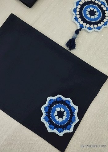 Vintage Amerikan servis runner sofra takımı lacivert beyaz - Görsel 11