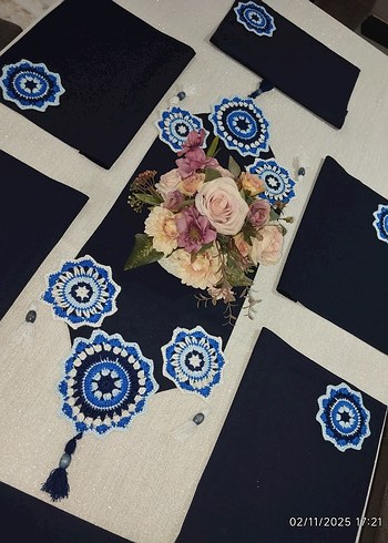 Vintage Amerikan servis runner sofra takımı lacivert beyaz - Görsel 9