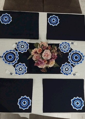 Vintage Amerikan servis runner sofra takımı lacivert beyaz - Görsel 3