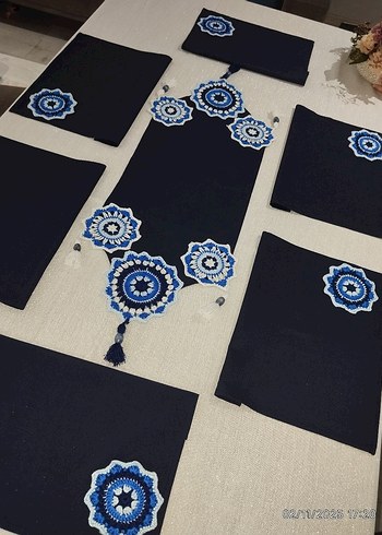 Vintage Amerikan servis runner sofra takımı lacivert beyaz - Görsel 8