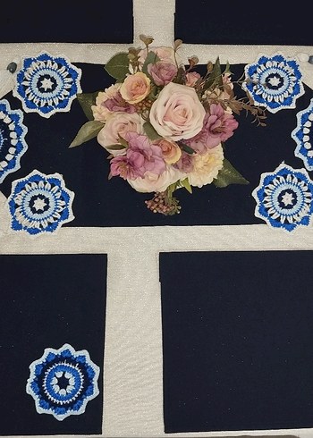 Vintage Amerikan servis runner sofra takımı lacivert beyaz - Görsel 5