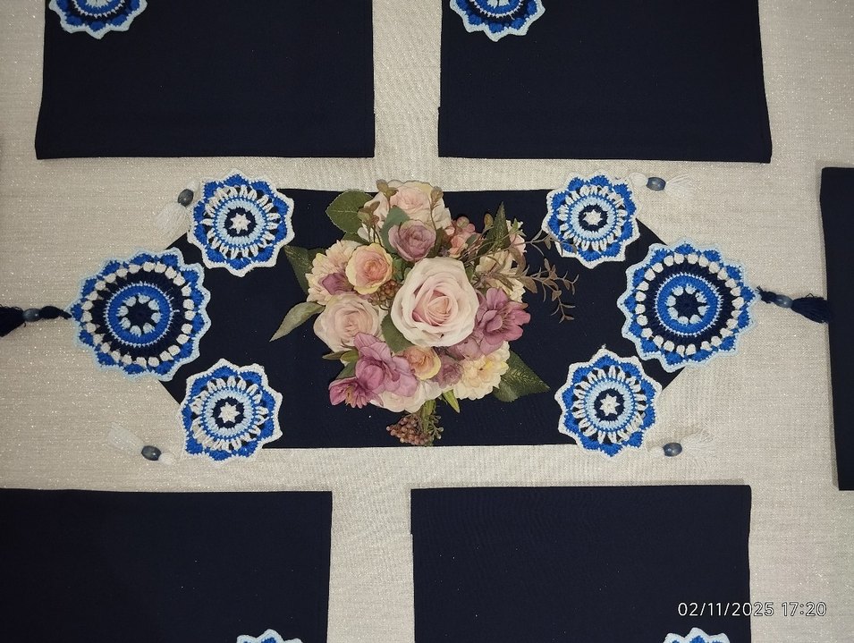 Vintage Amerikan servis runner sofra takımı lacivert beyaz - Görsel 2