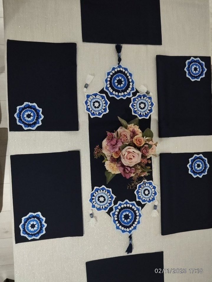 Vintage Amerikan servis runner sofra takımı lacivert beyaz - Görsel 4