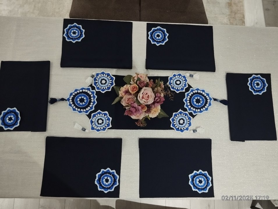 Vintage Amerikan servis runner sofra takımı lacivert beyaz - Görsel 3