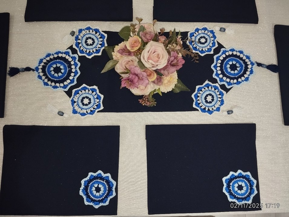 Vintage Amerikan servis runner sofra takımı lacivert beyaz - Görsel 5