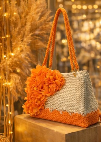 Krem Turuncu 3D çiçekli Bayan Çanta - Görsel 2