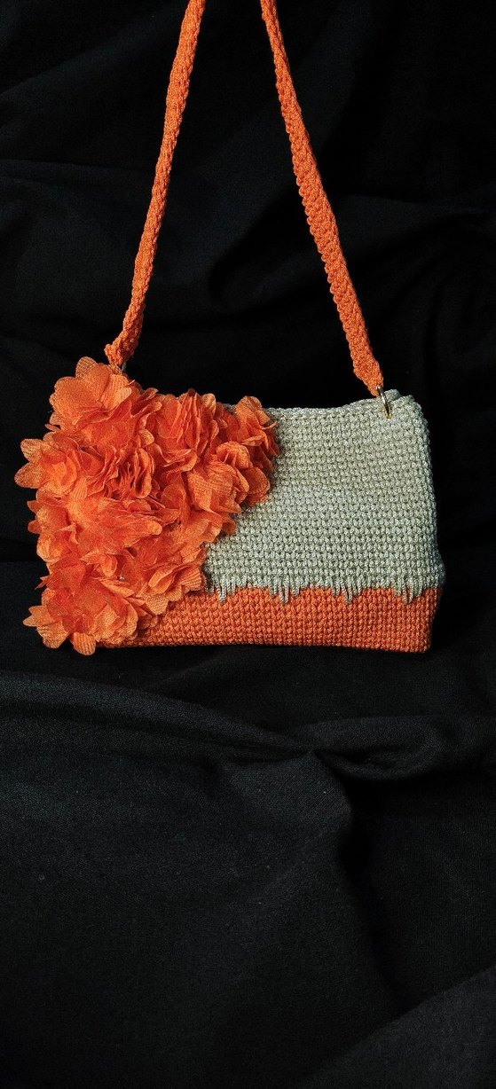 Krem Turuncu 3D çiçekli Bayan Çanta - Görsel 4