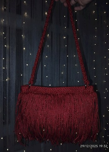 Püsküllü Simli Kırmızı Abiye Çanta - Görsel 9