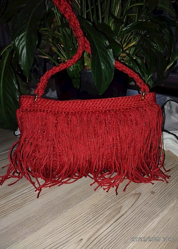 Püsküllü Simli Kırmızı Abiye Çanta - Görsel 3