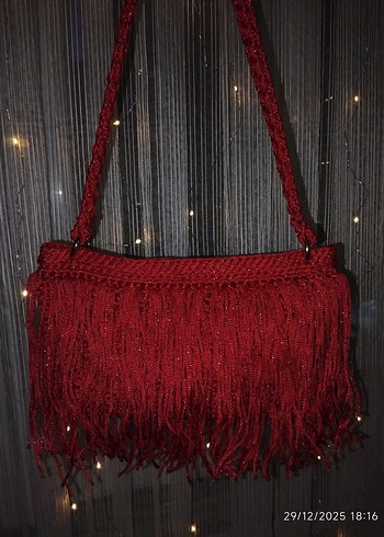 Püsküllü Simli Kırmızı Abiye Çanta - Görsel 14