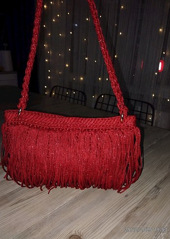 Püsküllü Simli Kırmızı Abiye Çanta - Görsel 16