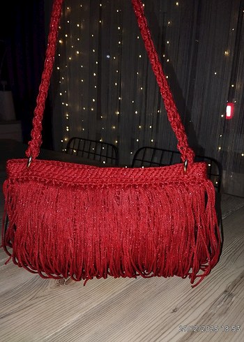 Püsküllü Simli Kırmızı Abiye Çanta - Görsel 12