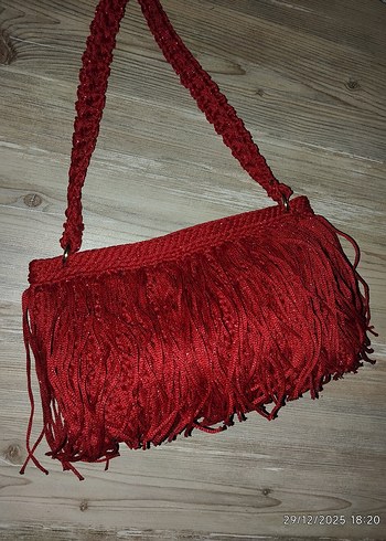 Püsküllü Simli Kırmızı Abiye Çanta - Görsel 2