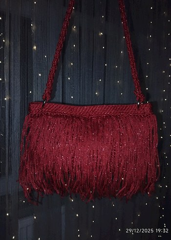 Püsküllü Simli Kırmızı Abiye Çanta - Görsel 11