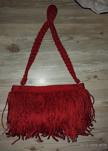 Püsküllü Simli Kırmızı Abiye Çanta - Görsel 15