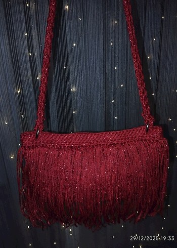 Püsküllü Simli Kırmızı Abiye Çanta - Görsel 7