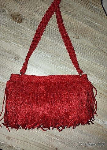 Püsküllü Simli Kırmızı Abiye Çanta - Görsel 4