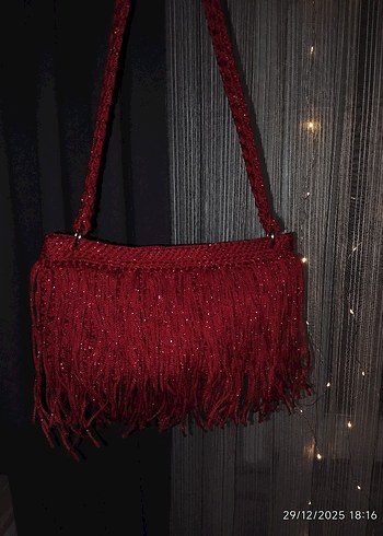 Püsküllü Simli Kırmızı Abiye Çanta - Görsel 10