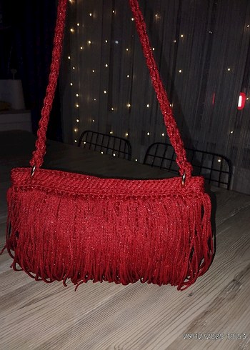 Püsküllü Simli Kırmızı Abiye Çanta - Görsel 8