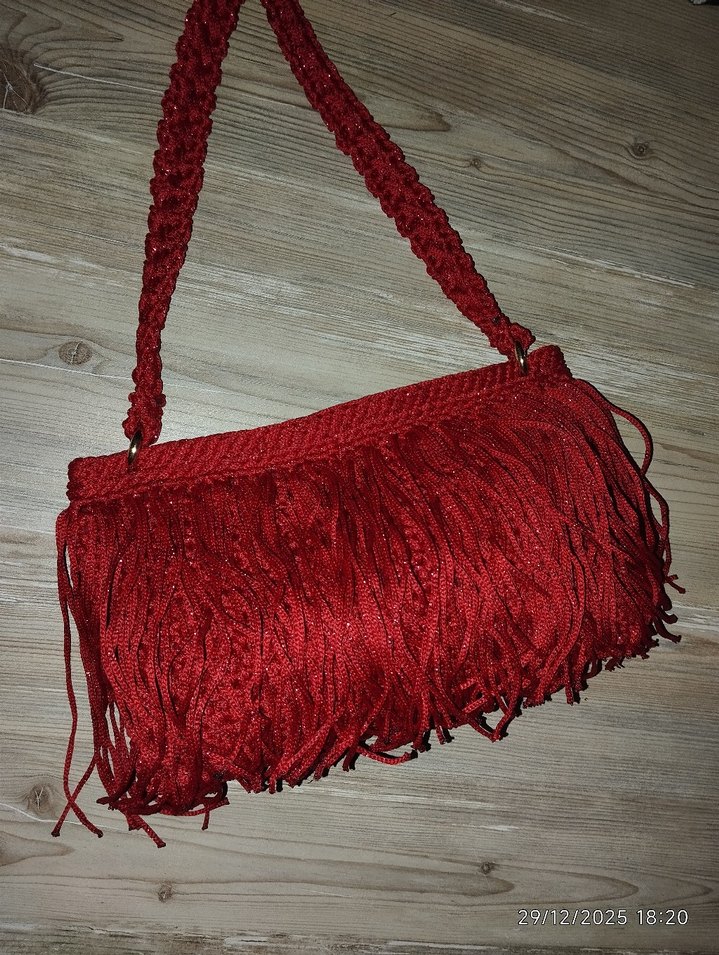 Püsküllü Simli Kırmızı Abiye Çanta - Görsel 2