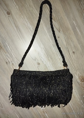 Püsküllü Parlak Siyah Gece Çanta - Görsel 15