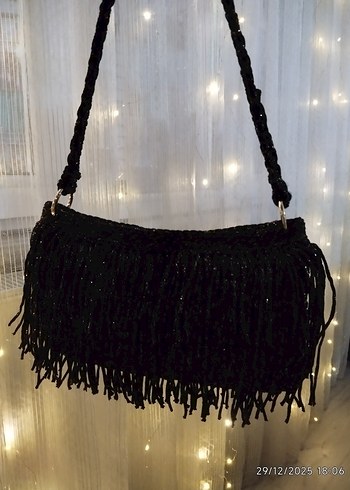 Püsküllü Parlak Siyah Gece Çanta - Görsel 13