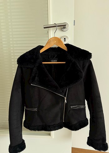 Pull and bear Siyah Kadın Süet Kürklü Biker Ceket