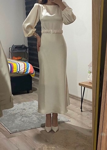 Betty sam marka Uzun Beyaz Saten Elbise - Görsel 6
