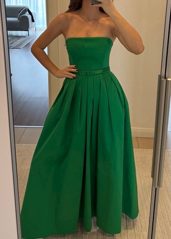 Adil Işık Yeşil Drapeli Straplez Saten Uzun Abiye Elbise - Görsel 5