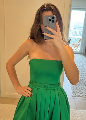 Adil Işık Yeşil Drapeli Straplez Saten Uzun Abiye Elbise - Görsel 6