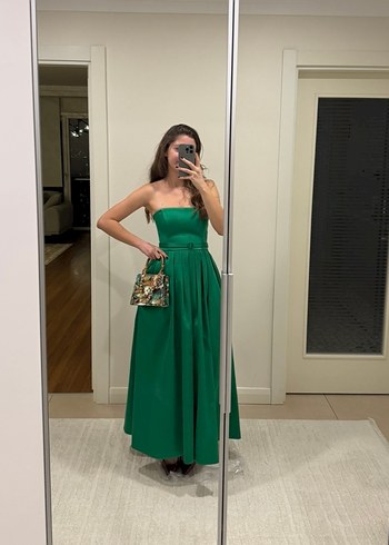 Adil Işık Yeşil Drapeli Straplez Saten Uzun Abiye Elbise - Görsel 4