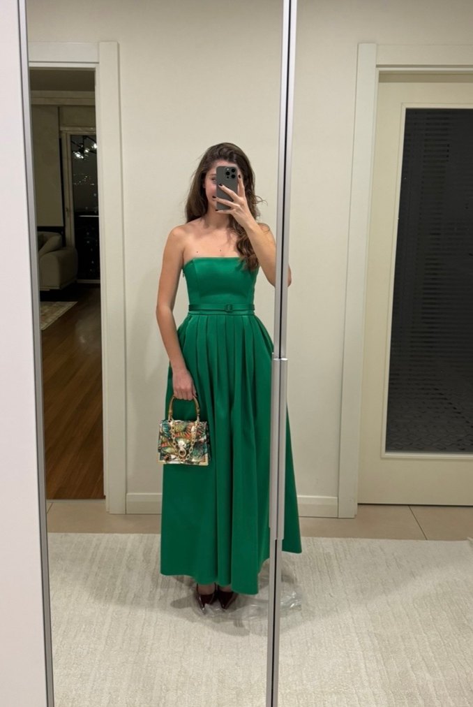 Adil Işık Yeşil Drapeli Straplez Saten Uzun Abiye Elbise - Görsel 3